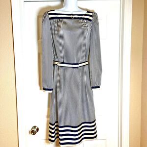 Nardis of Dallas Vintage Women's 12 Navy/Cream Striped Long Sleeve Belted Dress